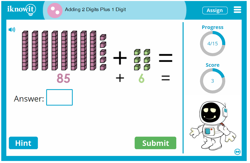 Second Grade Add Two Digit and One Digit Numbers Game