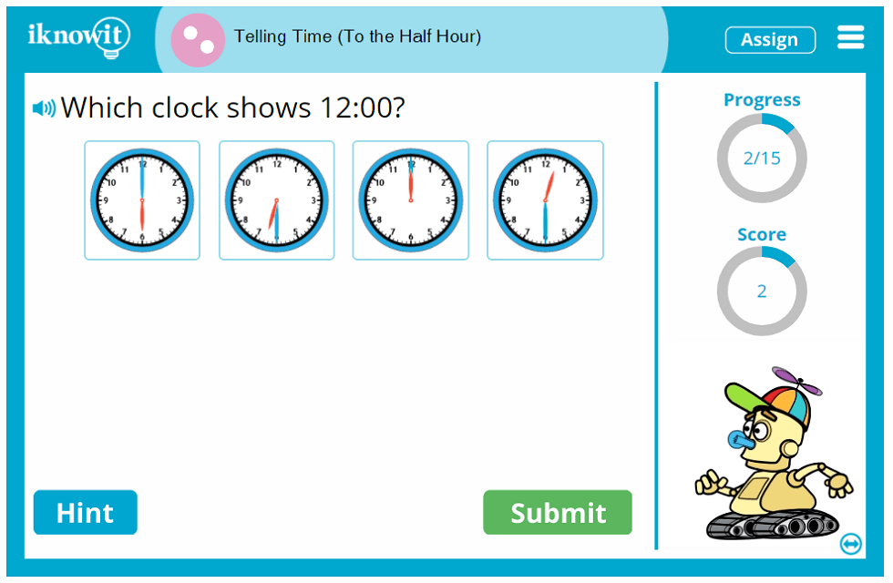 Second Grade Read Clocks Tell Time to the Half Hour Game