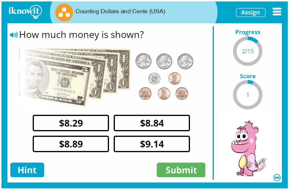 Third Grade Count Dollars and Change up to Ten Dollars US Money Game