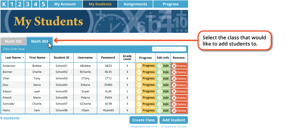 step two: choose class for student