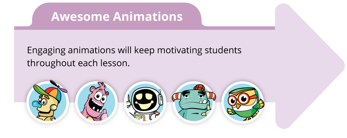 Engaging animations will keep motivating students throughtout each lesson.