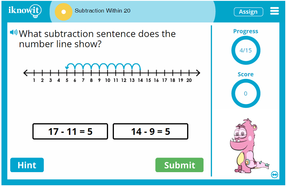 First Grade Subtracting Numbers up to Twenty Game