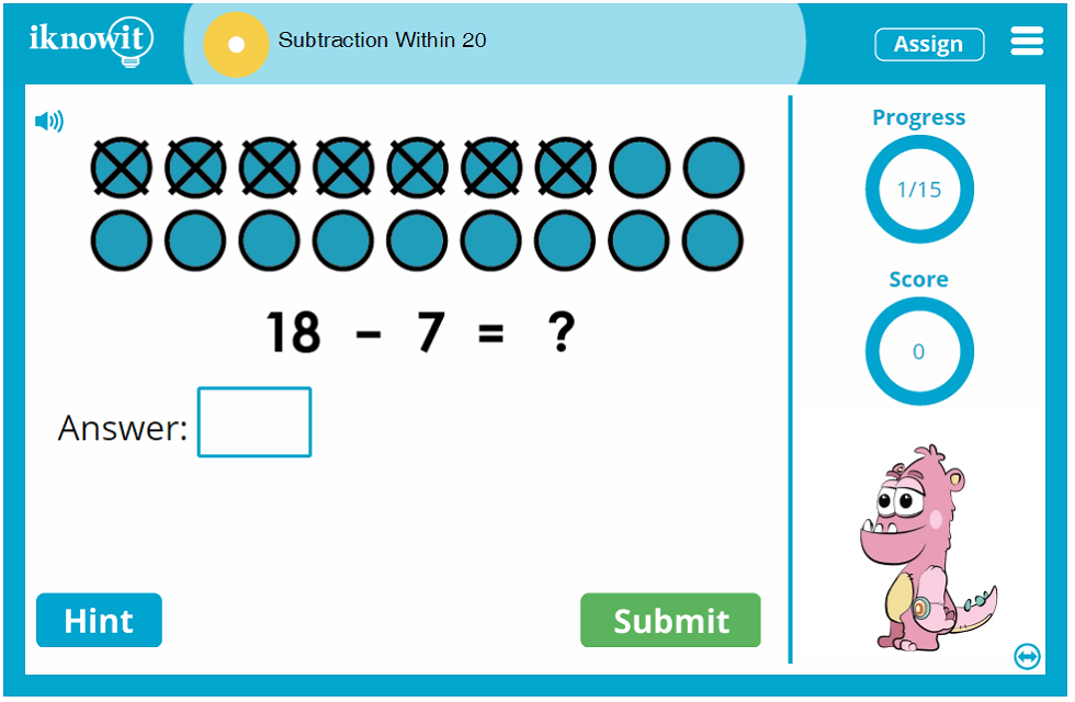 1st Grade Subtraction Within 20 Game
