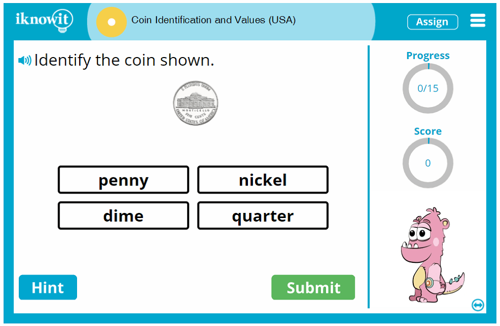 1st Grade Coin Identification and Values Game