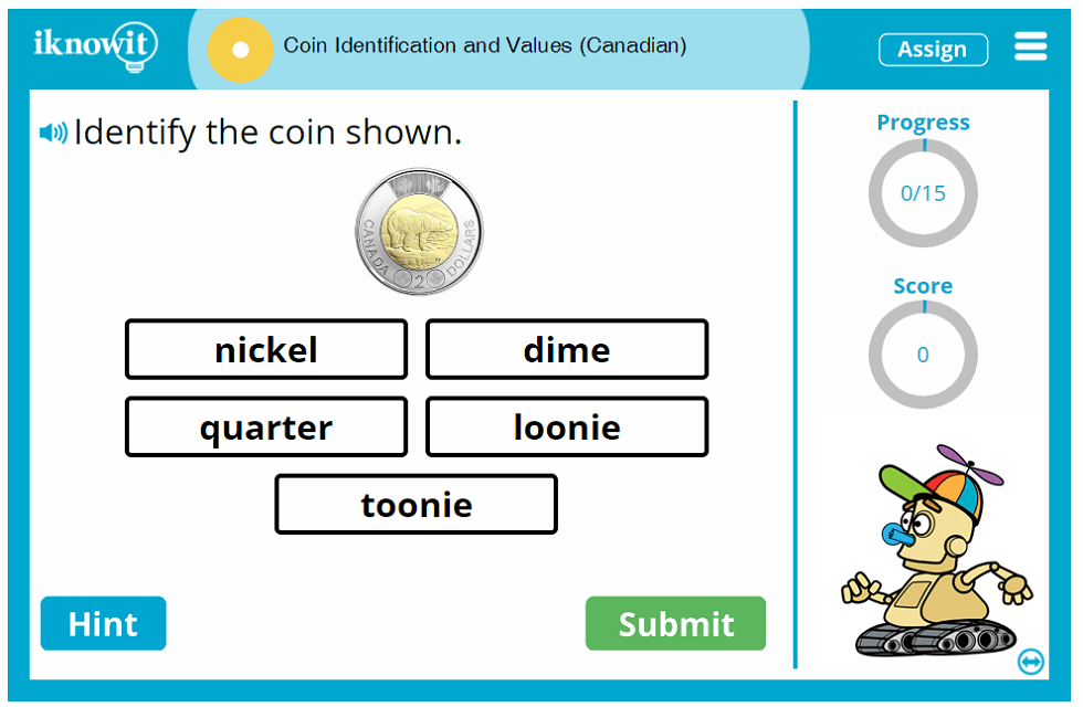 1st Grade Canadian Coin Identification and Values Game