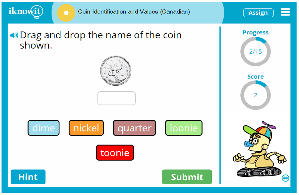 First Grade Recognize and Count Sum Canadian Coins Game