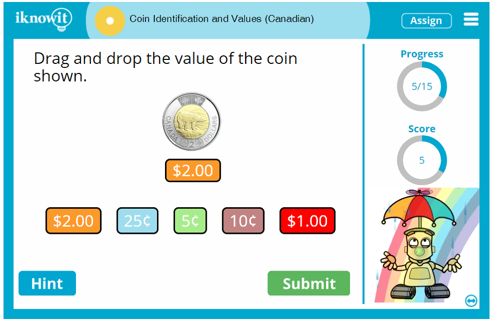 First Grade Recognize and Count Sum Canadian Coins Lesson