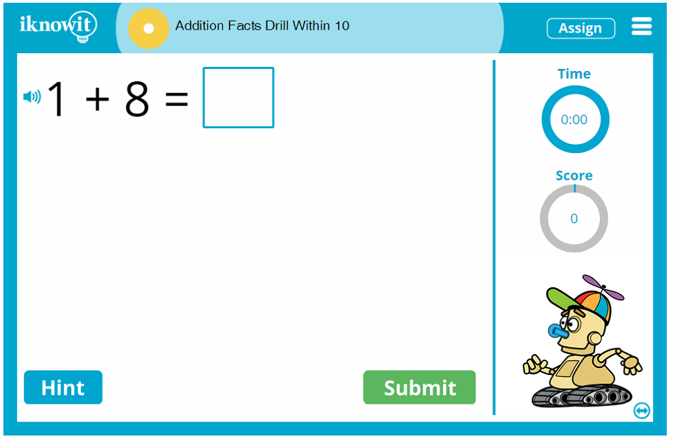 1st Grade Addition Fact Drill up to 10 Game