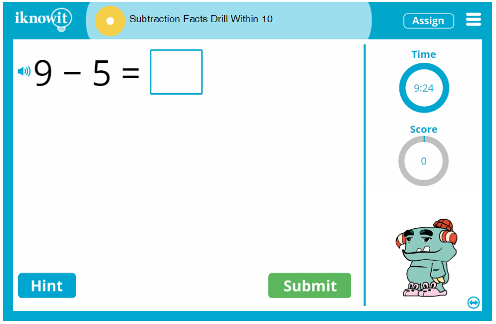 1st Grade Subtraction Fact Drill up to 10 Game
