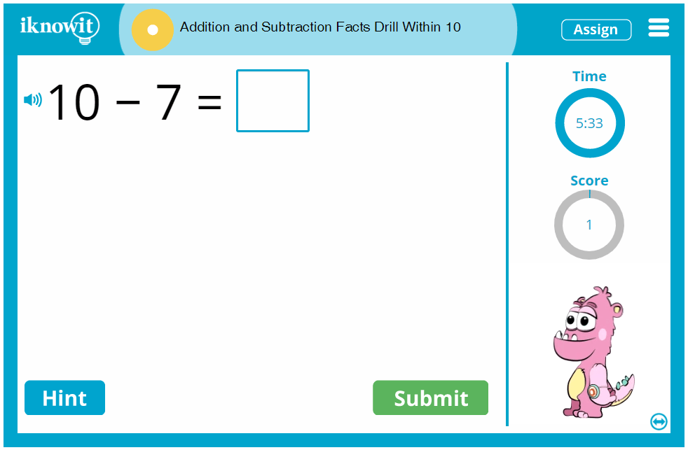 First Grade Adding and Subtracting Basic Facts Drill Within 10 Game