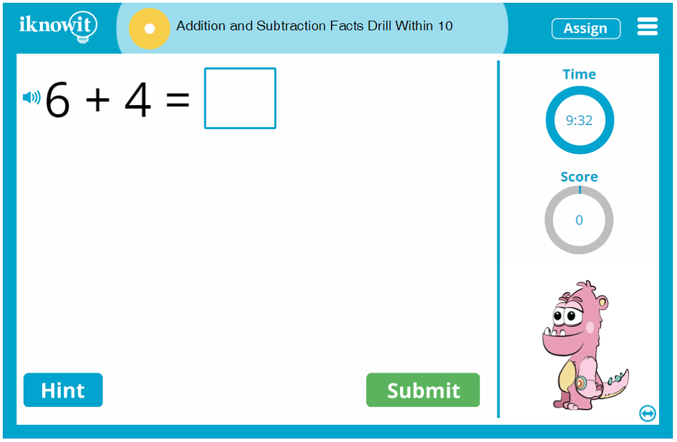 1st Grade Addition and Subtraction Facts Drill up to Ten Game