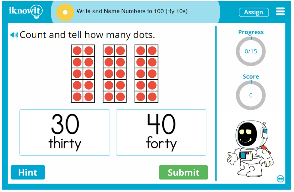 1st Grade Write and Name Numbers up to 100 Count by 10s Game