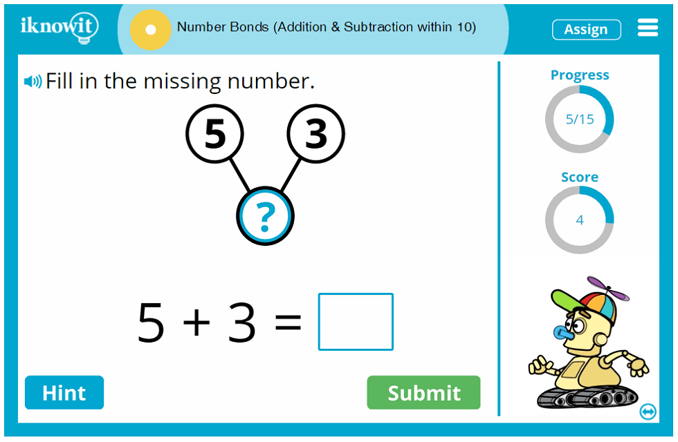 First Grade Add Subtract Within Ten Using Number Bonds Game