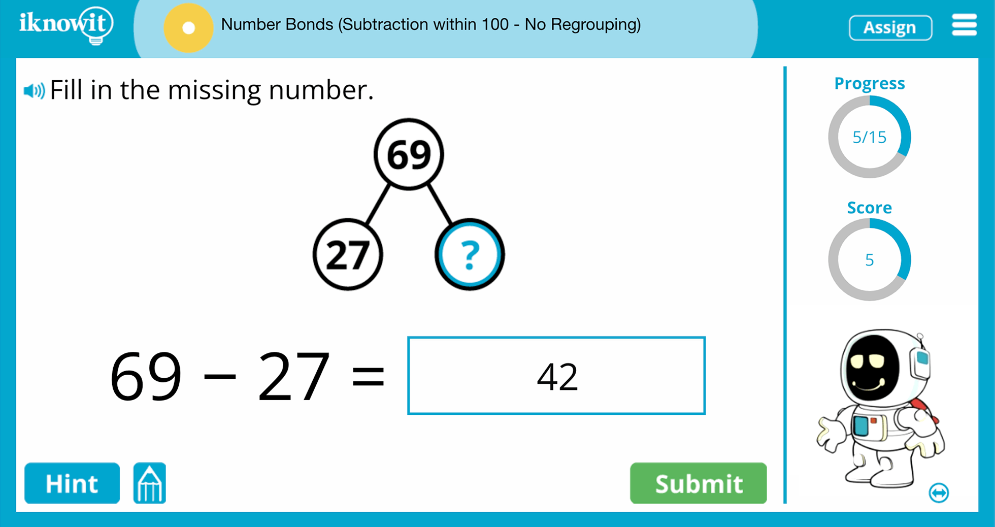 1st Grade Number Bonds Subtraction Within 100 No Regrouping Online Learning Activity