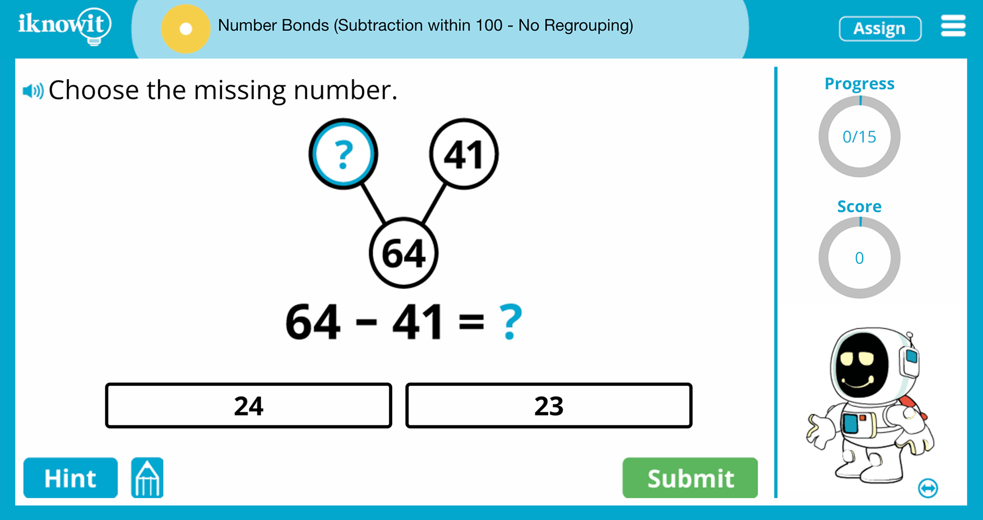 First Grade number Bonds Subtraction Within 100 No Regrouping Practice Interactive Game