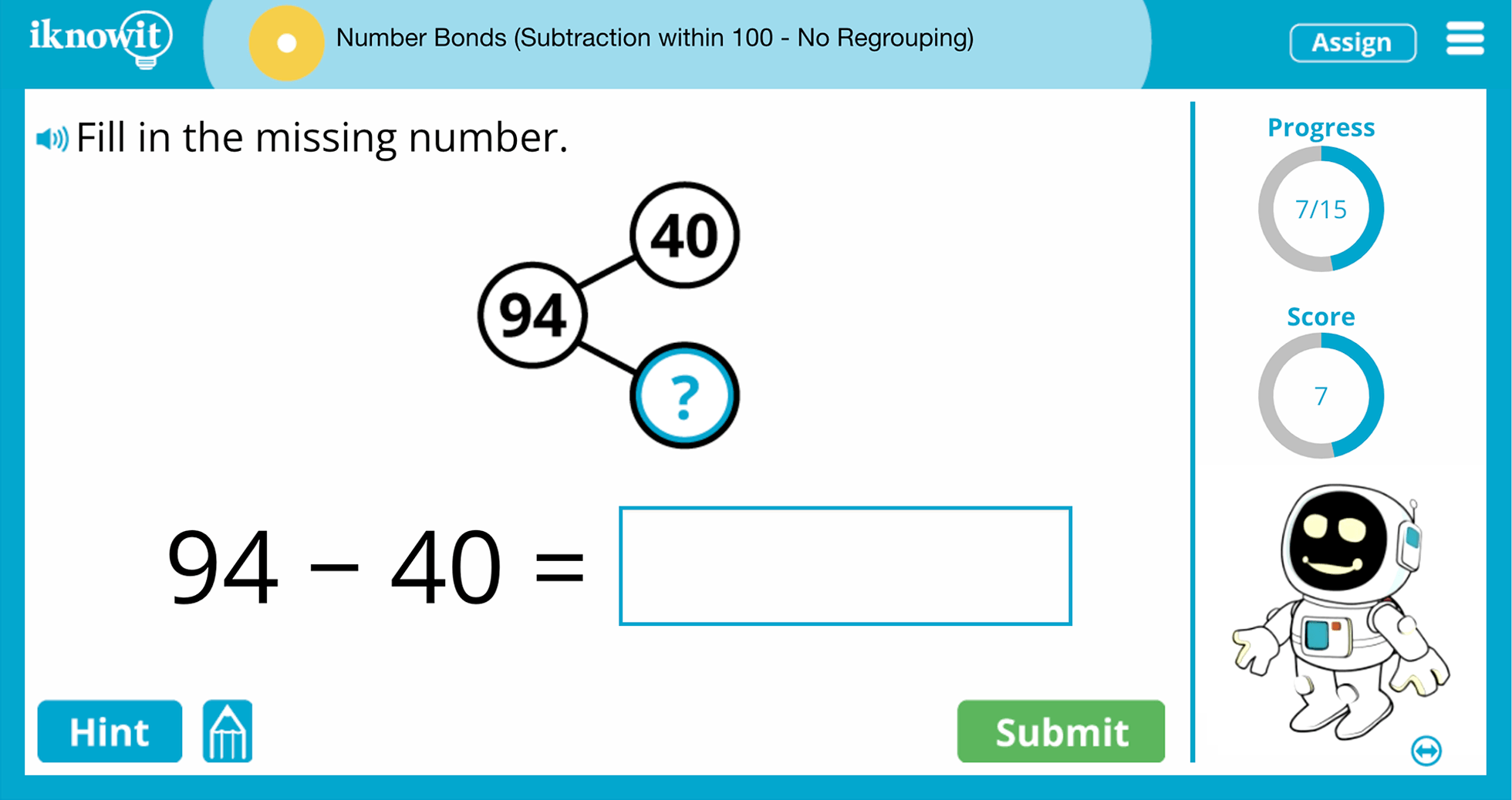 First Grade number Bonds Subtraction Within 100 No Regrouping Practice Interactive Lesson