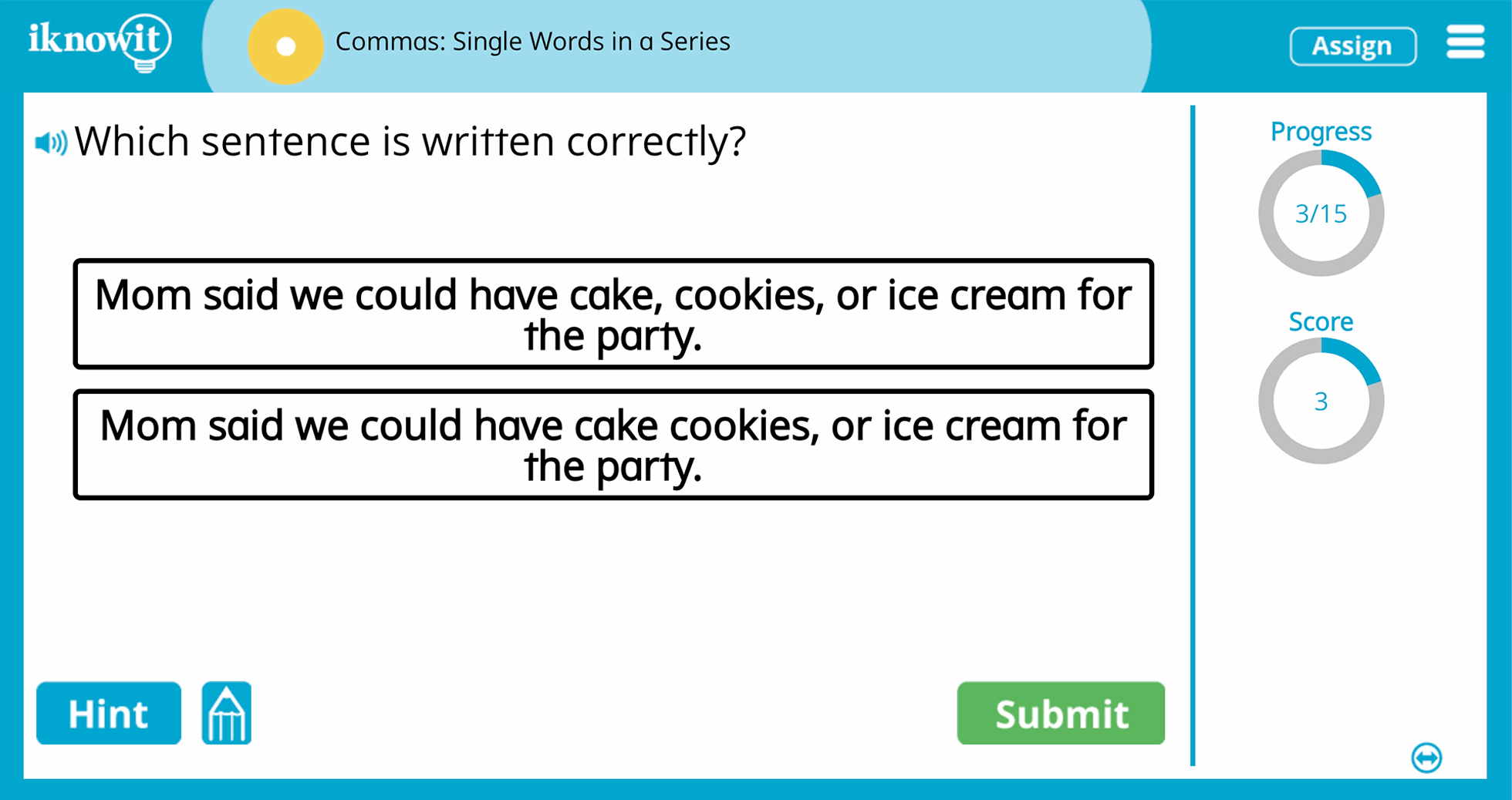 1st Grade Commas Single Words in a Series Online Learning Activity