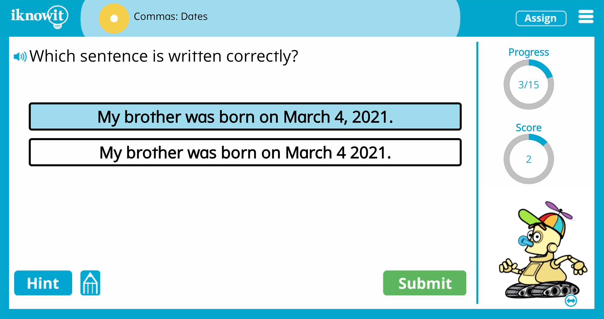 1st Grade Commas Within Dates Online Learning Activity