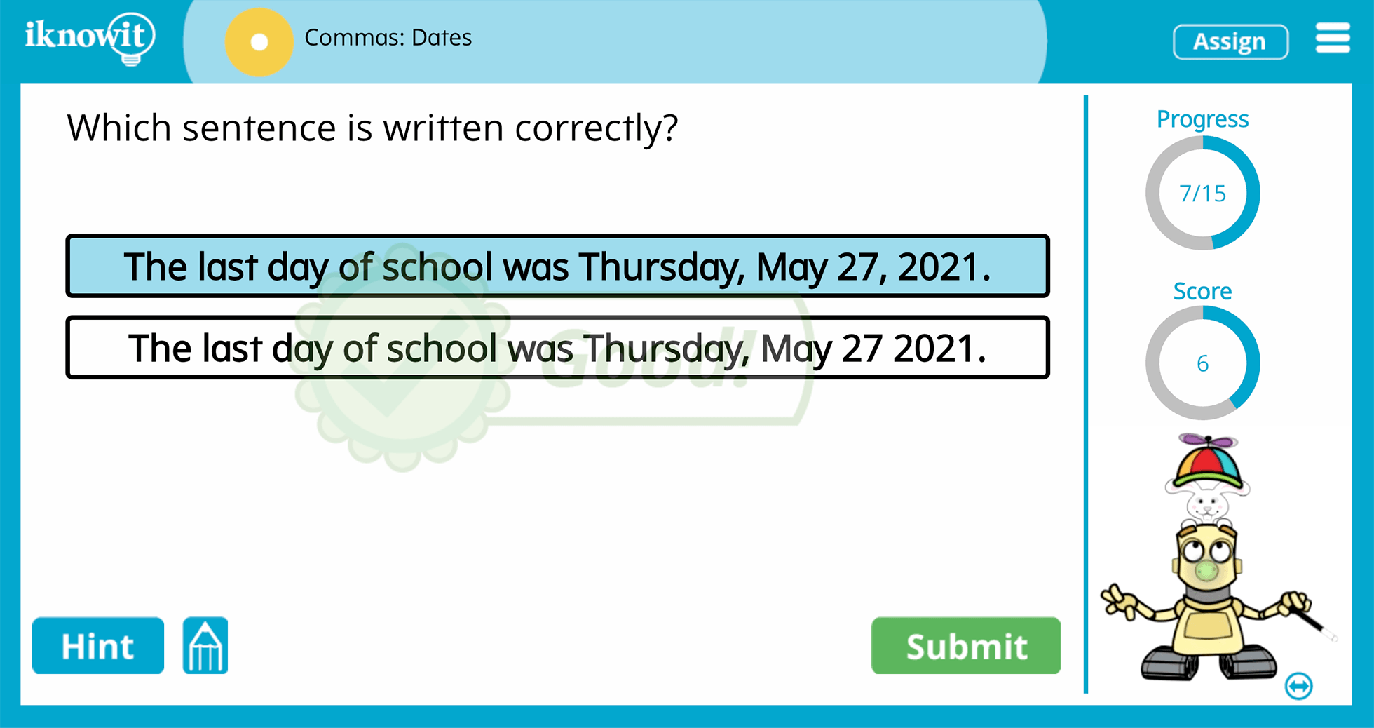 1st Grade Commas Within Dates Online Learning Game