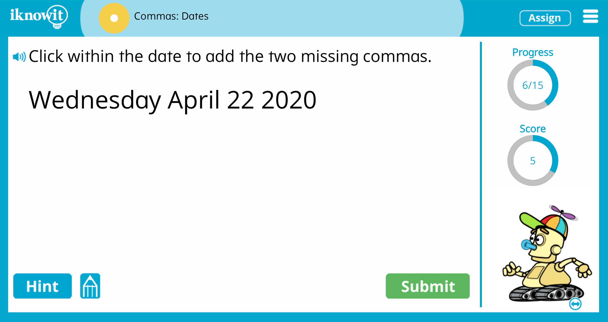 1st Grade Commas Within Dates Online Learning Lesson