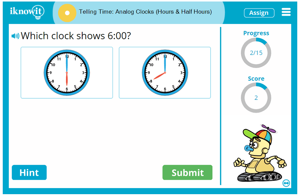 First Grade Tell Time Read Analog Clocks Half Hour Increments Game