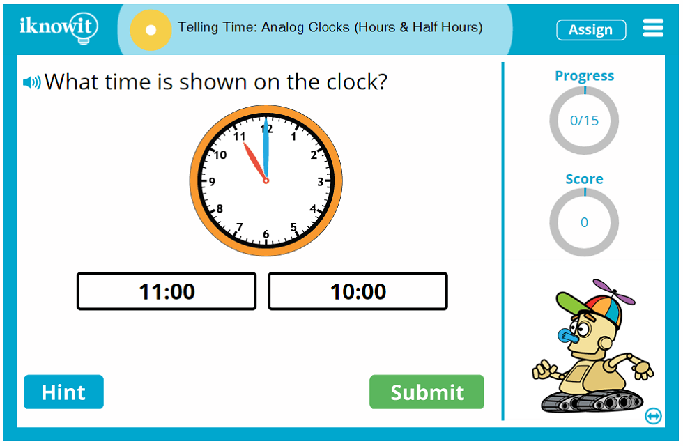 Telling Time To The Half Hour Math Game 