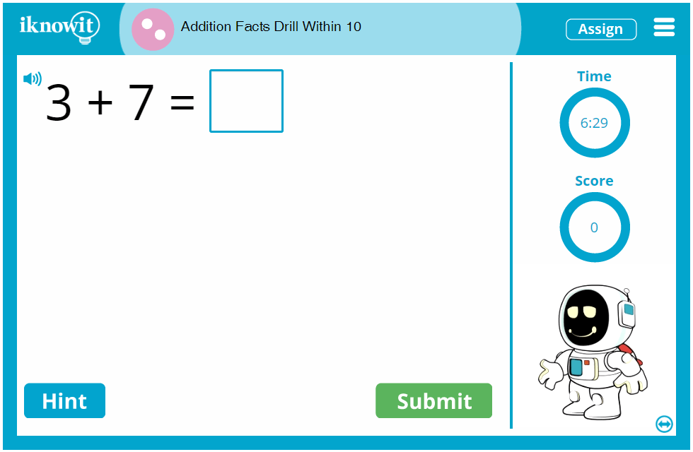 Second Grade Adding Basic Facts Exercise to Ten Game