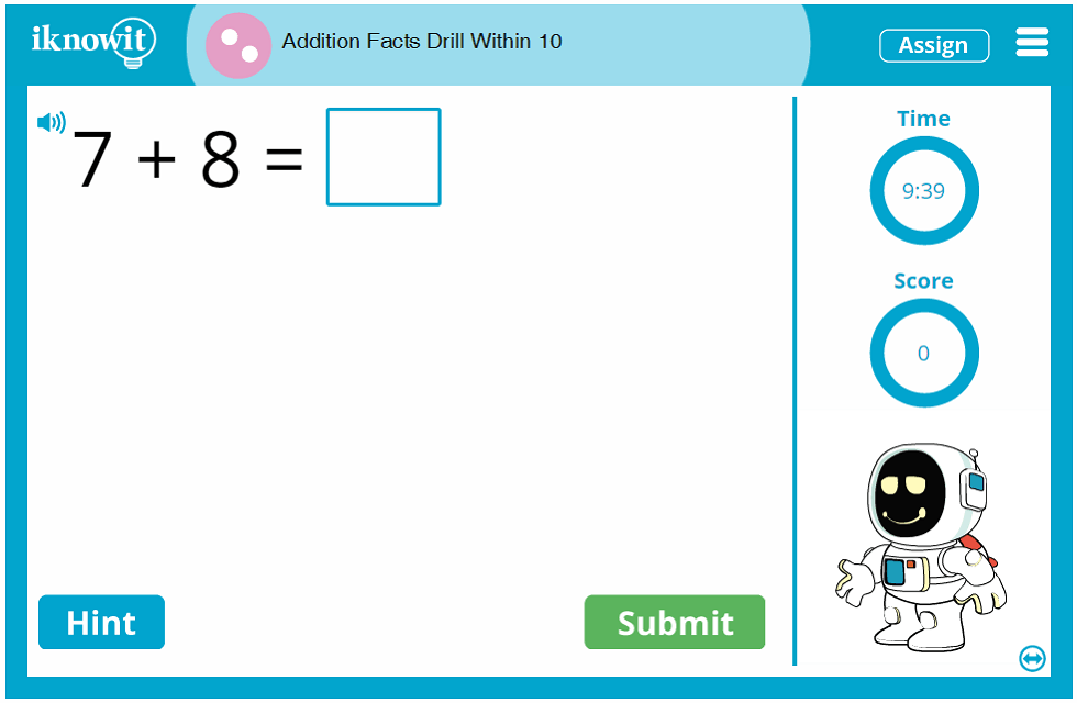 2nd Grade Addition Fact Drill up to 10 Game