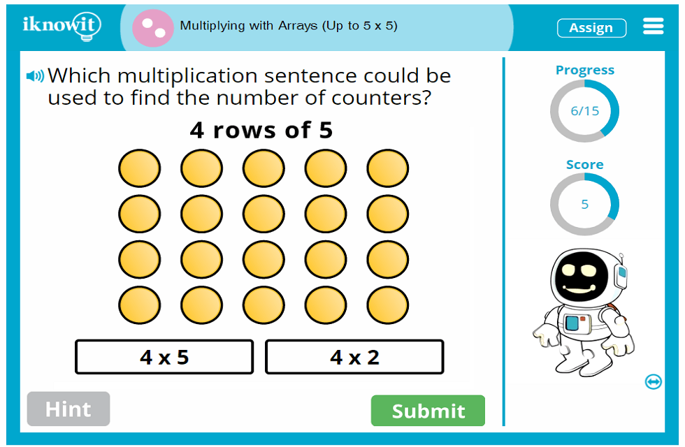 Second Grade Array Multiplication up to Five by Five Game