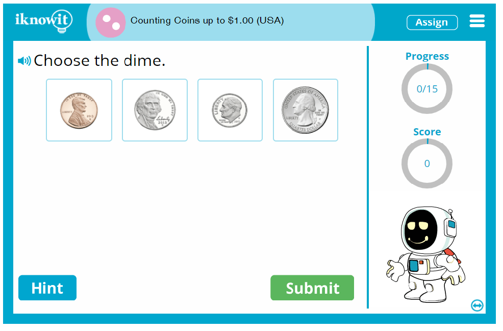 Second Grade Adding Coins up to 1 Dollar USA Money Game