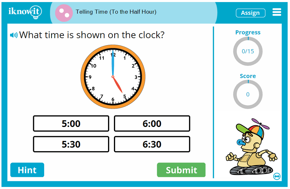 2nd Grade Telling Time Half Hour Intervals Game