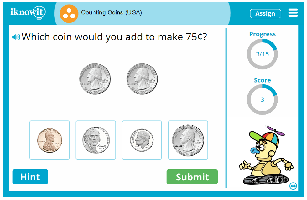 Third Grade Adding US Coin Values upto 2 Dollars Game
