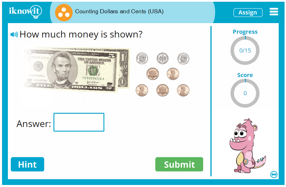 3rd Grade Counting Dollars and Cents up to 10 Dollars USA Game