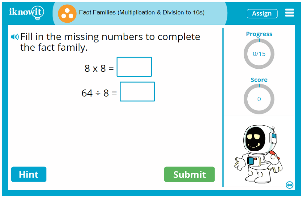 3rd Grade Fact Families Multiplication and Division to 10 Game