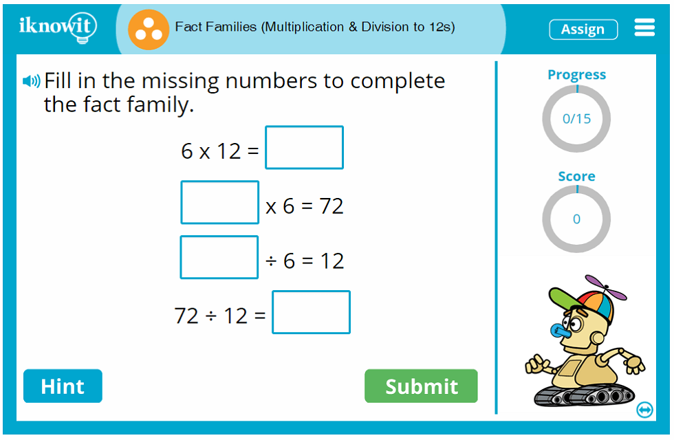 3rd Grade Fact Families Multiplication and Division to 12s Game