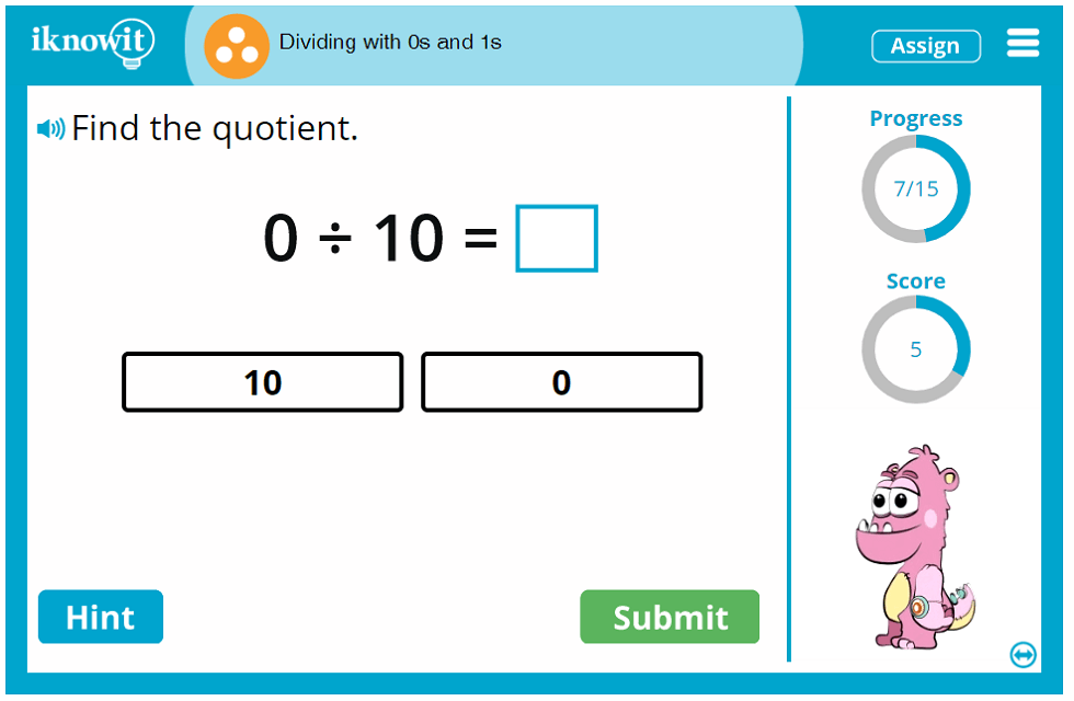 3rd Grade Dividing with 0s and 1s as Dividend Game