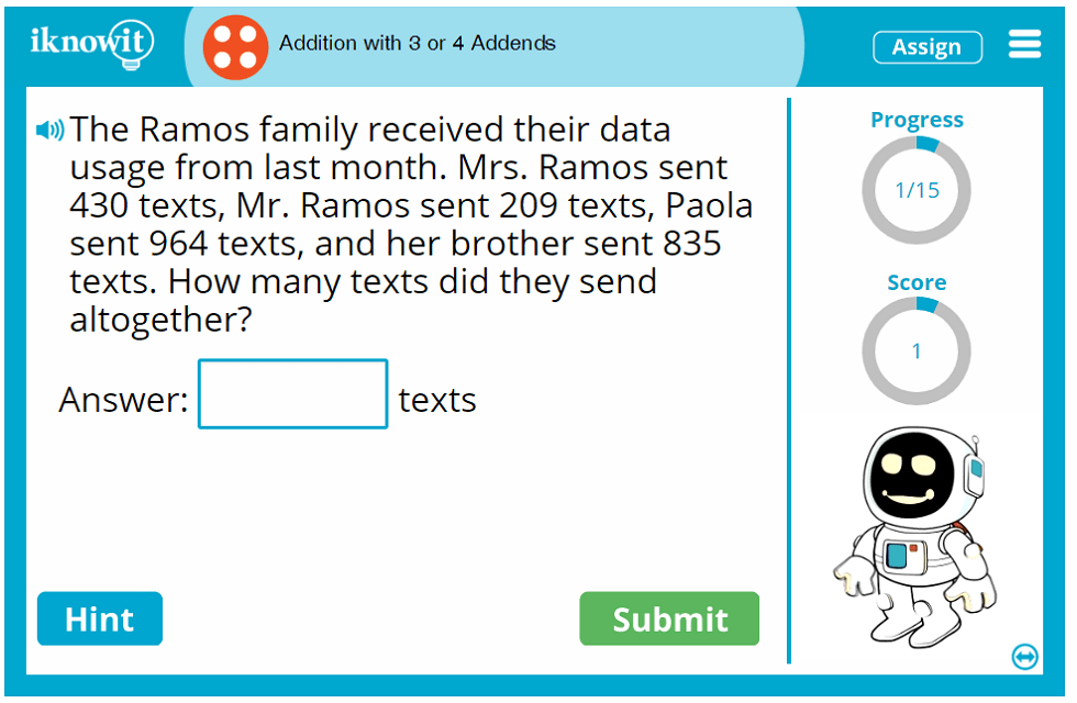 Fourth Grade Adding 3 or 4 Numbers Sum Game