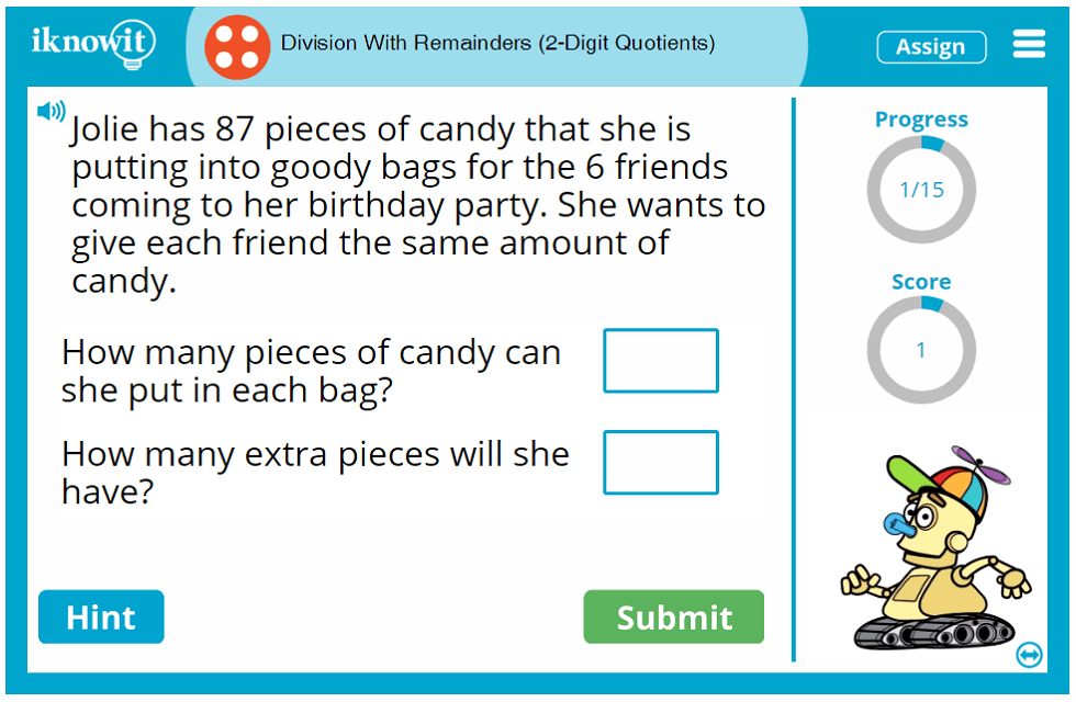 Fourth Grade Dividing Practice Two Digit Quotients and Remainders Game