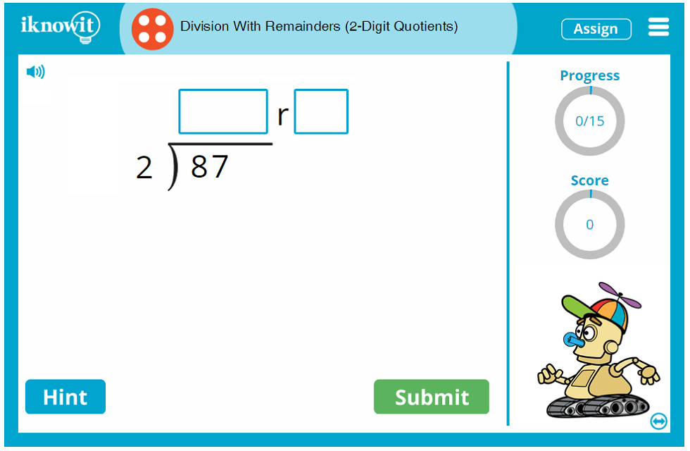 4th Grade Division with Remainders and 2 Digit Quotients Game