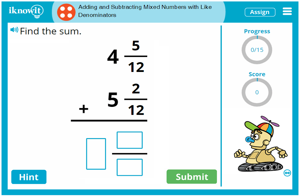 Fourth Grade Add or Subtract Mixed Numbers with the Same Denominator Game