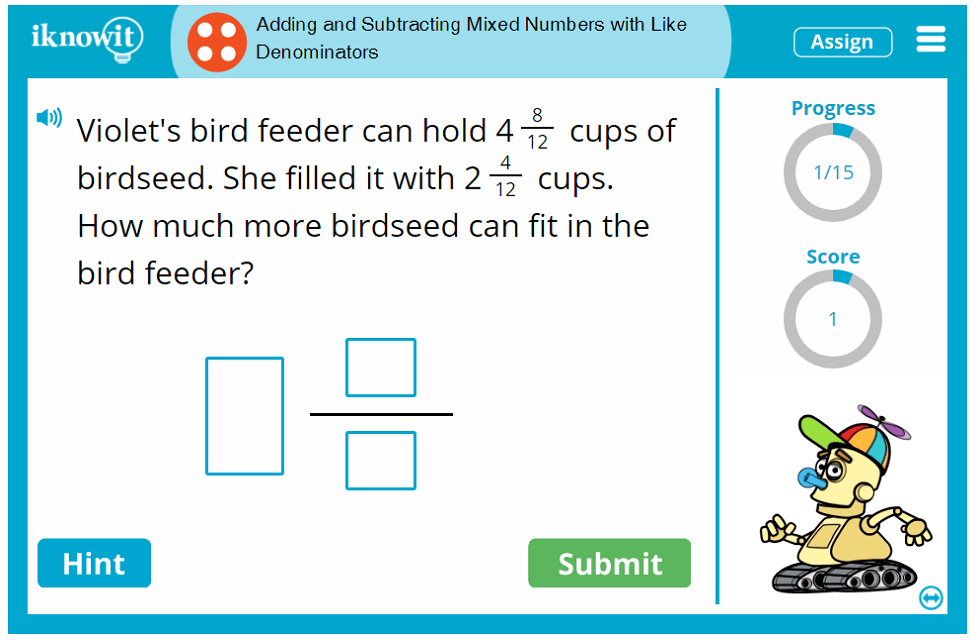 4th Grade Adding and Subtracting Mixed Numbers with Like Denominators Game