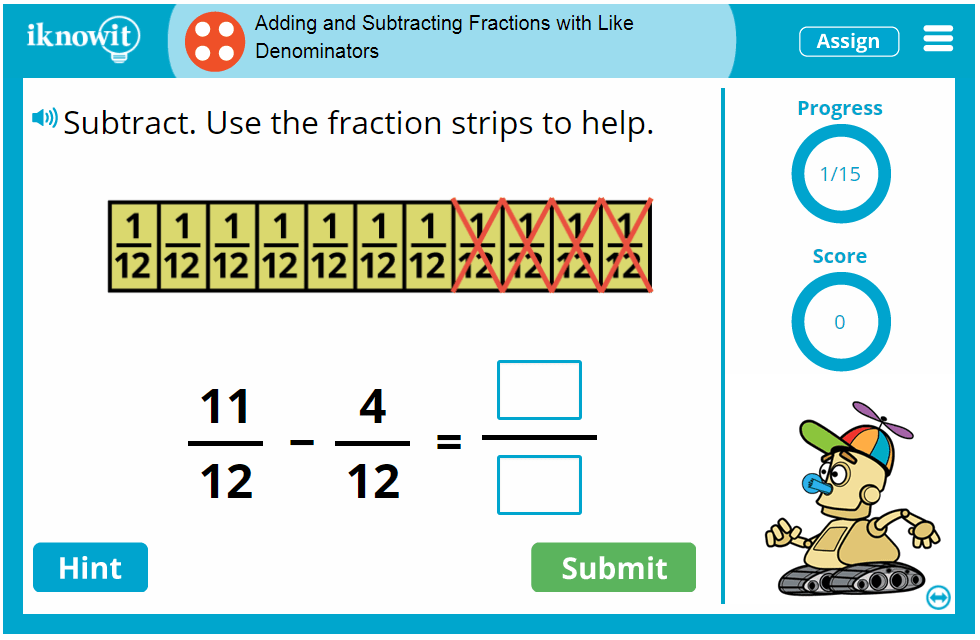 4th Grade Adding Subtracting Fractions with Like Denominators Game