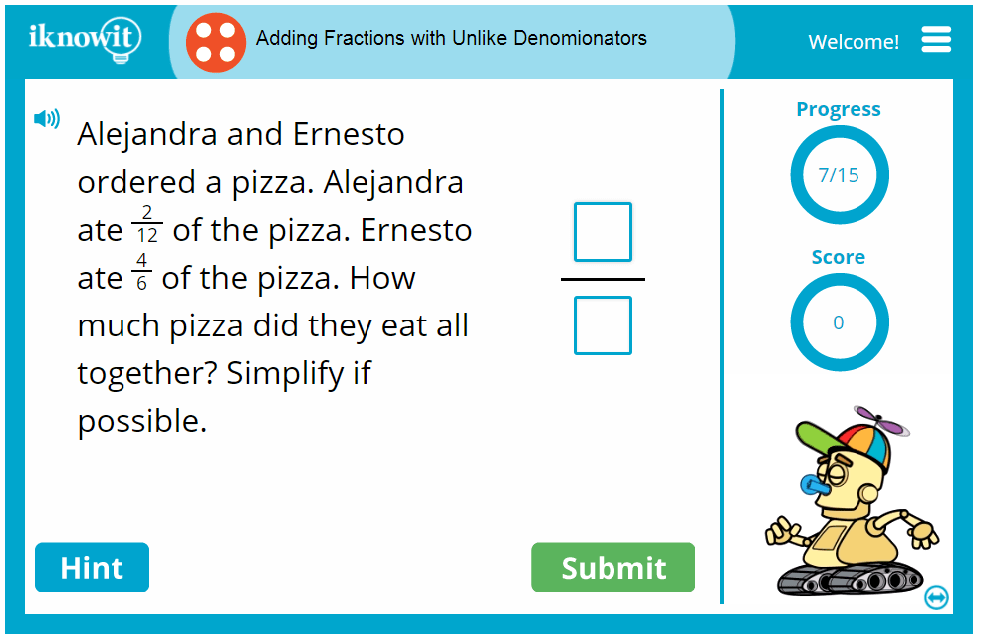 Fourth Grade Combining Fractions with Different Denominators Game