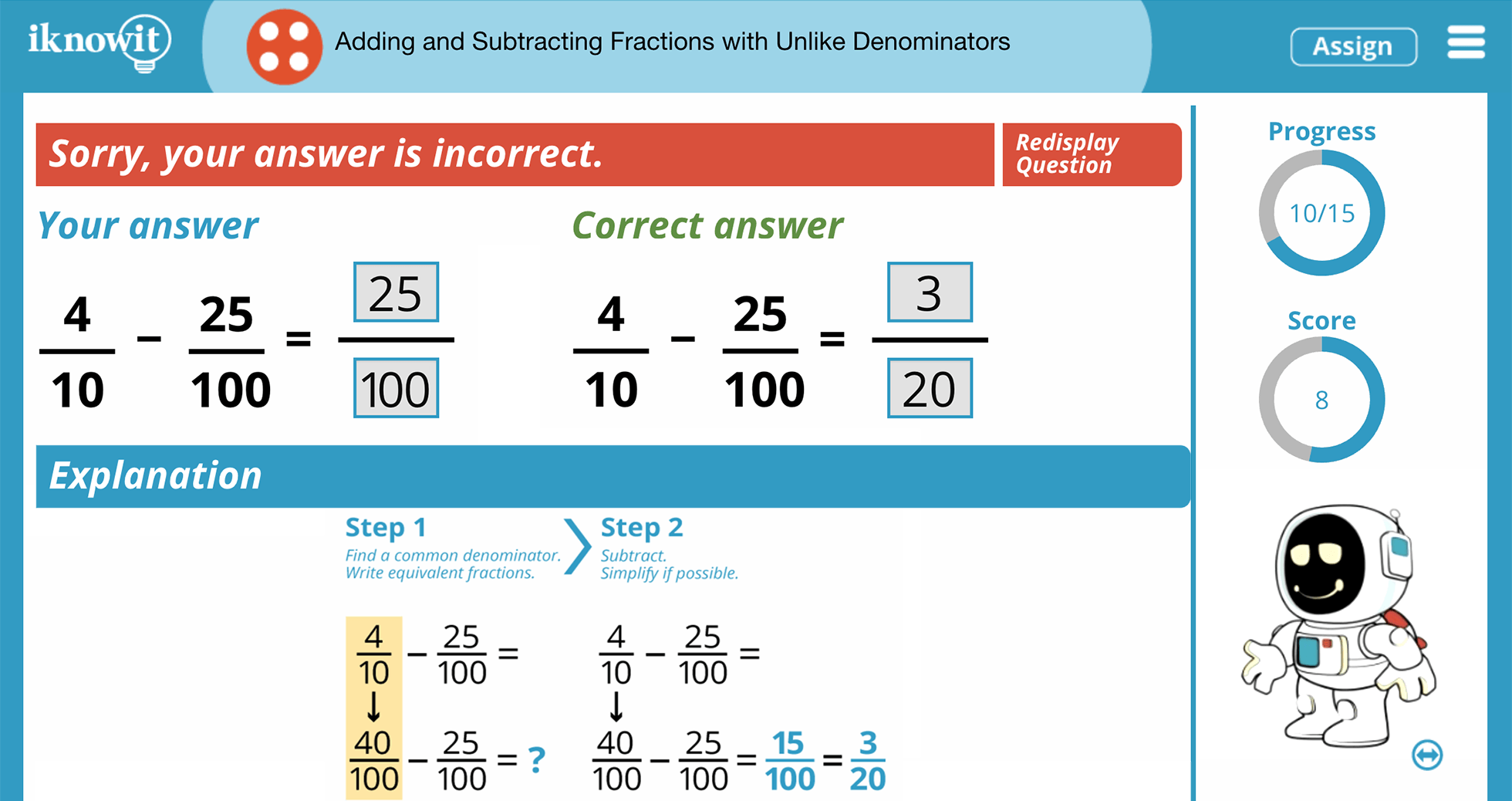 Fourth Grade Add and Subtract Fractions Different Denominators Practice Interactive Activity
