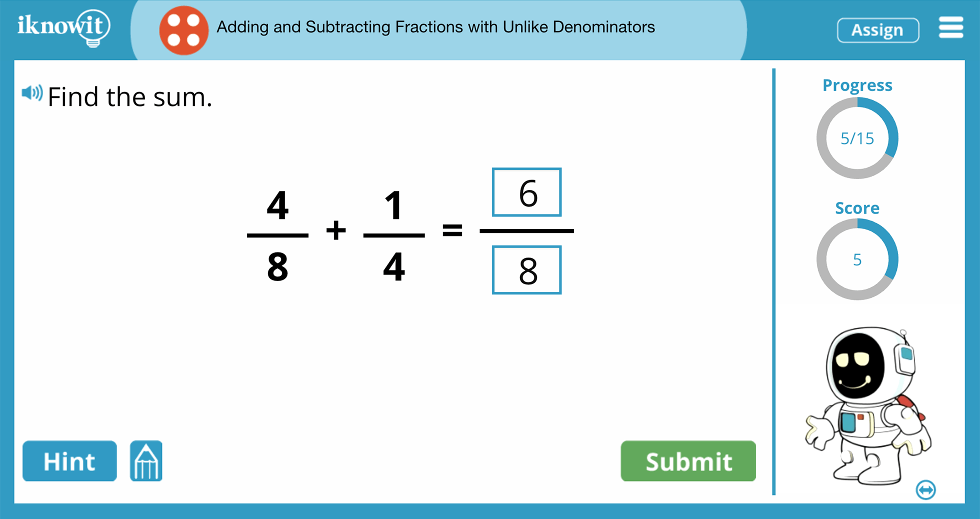 4th Grade Adding and Subtracting Fractions with Unlike Denominators Online Learning Activity
