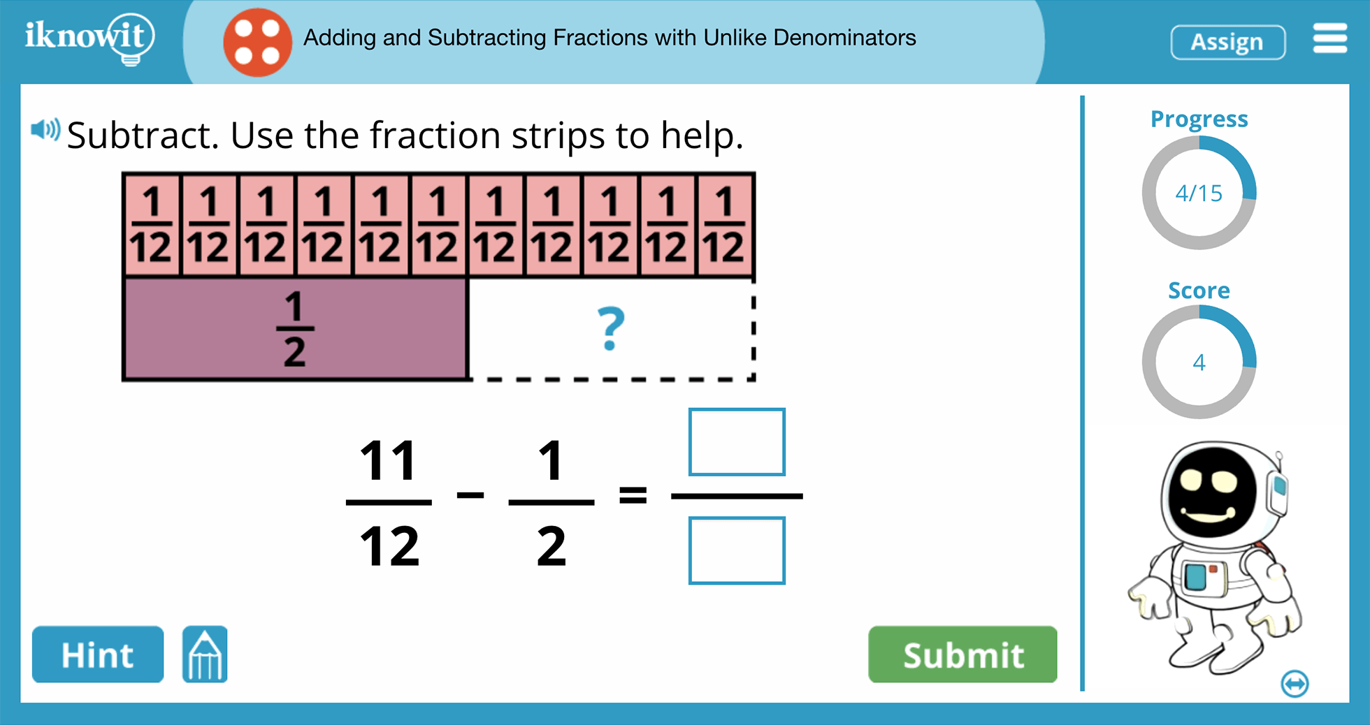 4th Grade Adding and Subtracting Fractions with Unlike Denominators Online Learning Game