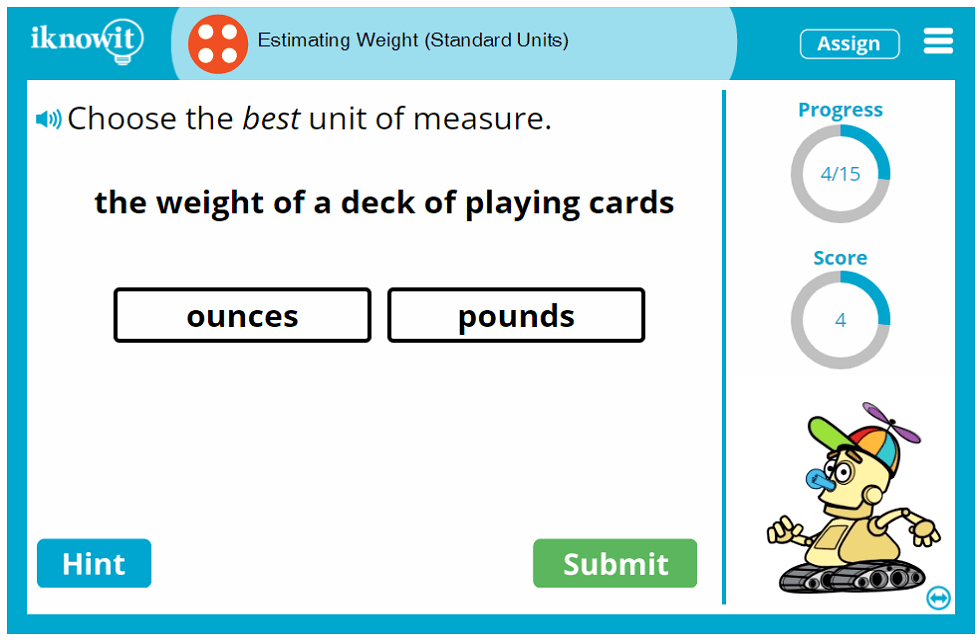 Fourth Grade Weight Estimation Ounces Pounds Tons Game