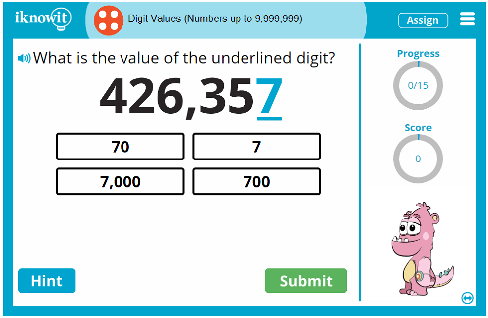Fourth Grade Number Place Values of Digits to 9,999,999 Activity