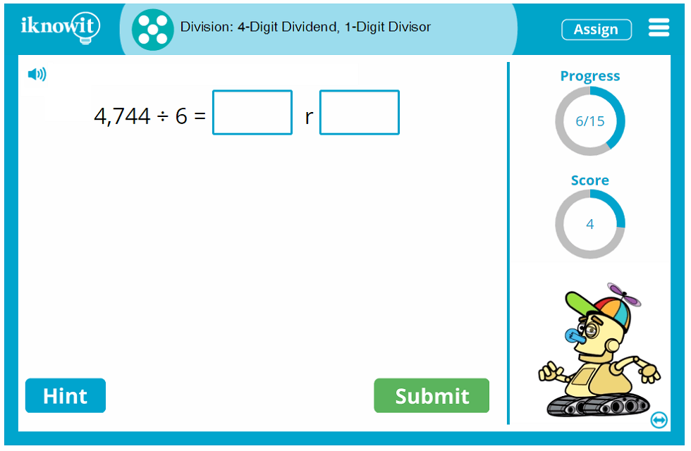 interactive math lesson division with a 4 digit dividend and 1 digit divisor