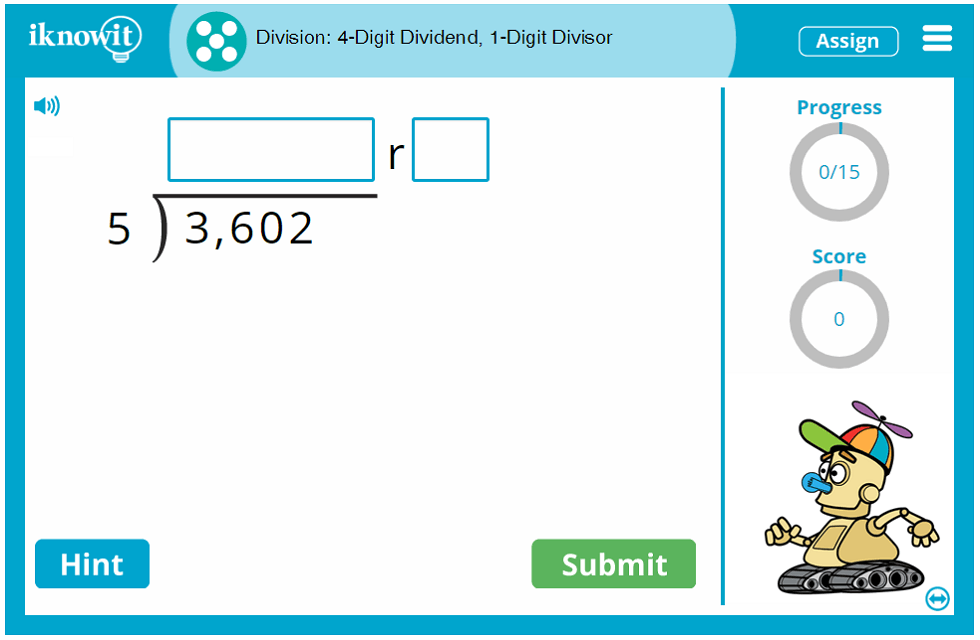 5th Grade Dividing 4 Digit Numbers by 1 Digit Whole Numbers Game